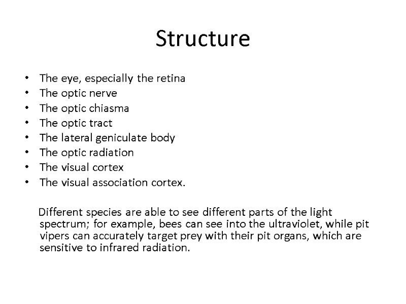 Structure The eye, especially the retina The optic nerve The optic chiasma The optic